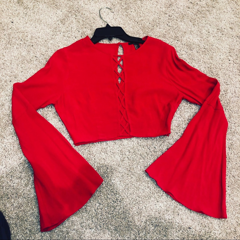 Cropped red bell sleeved blouse!